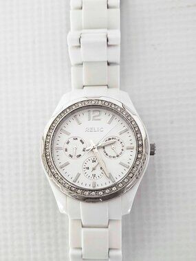 Relic ZR15551 Triple Calendar Rhinestone White Ceramic Watch